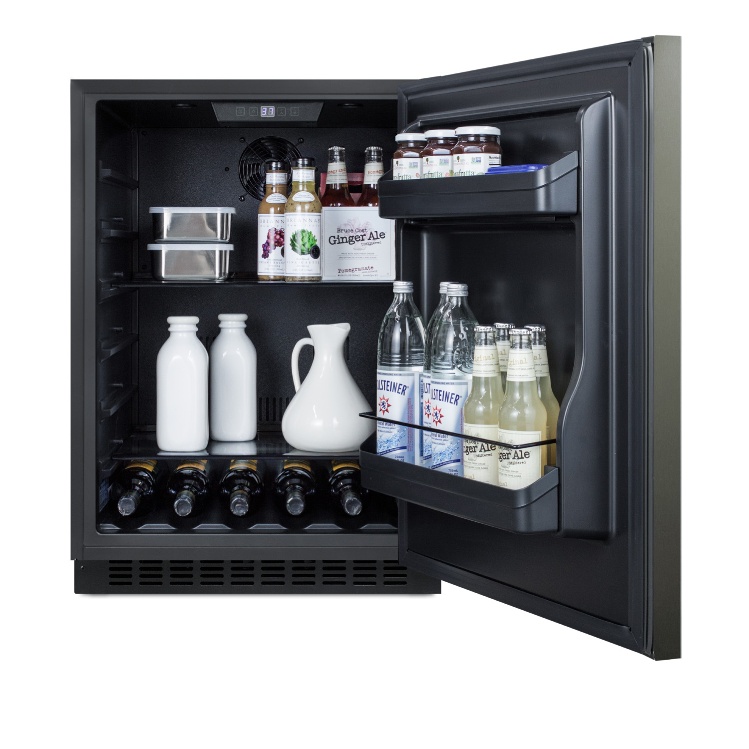 Built-in undercounter ADA compliant all-refrigerator with black stainless steel door, horizontal handle, black cabinet, door storage, and digital controls